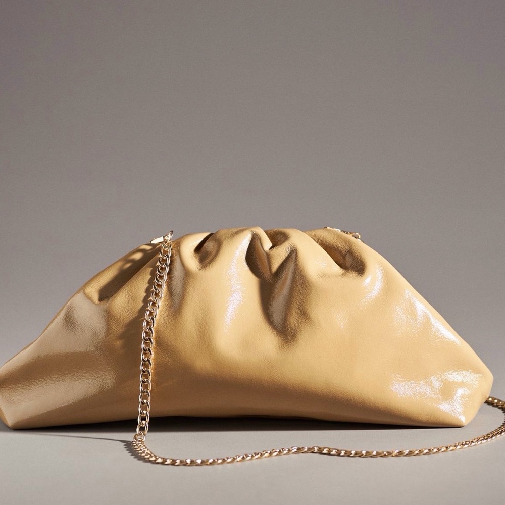 Anthropologie Shiny Gathered Clutch in Creamy Tan